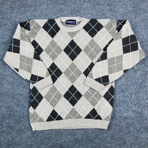 Liberty by Exacta Sweater Mens M Beige Gray Black Argyle Knit Pullover Vintage